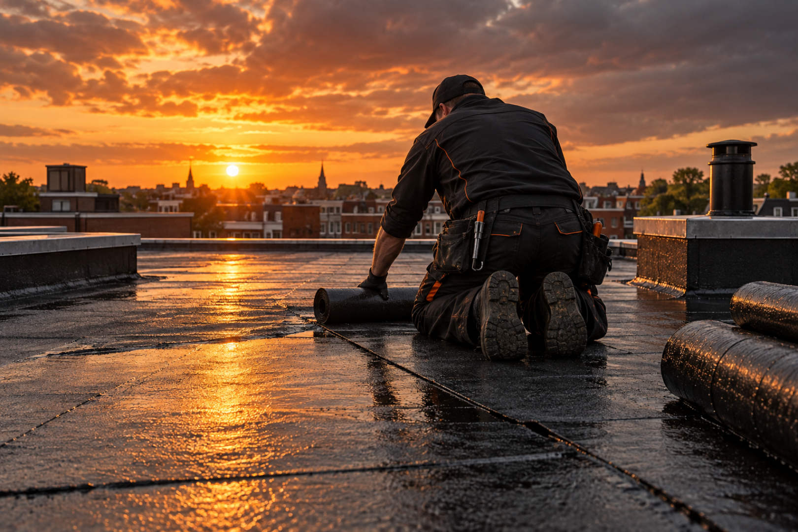 Dakdekker op een plat dak bij zonsondergang