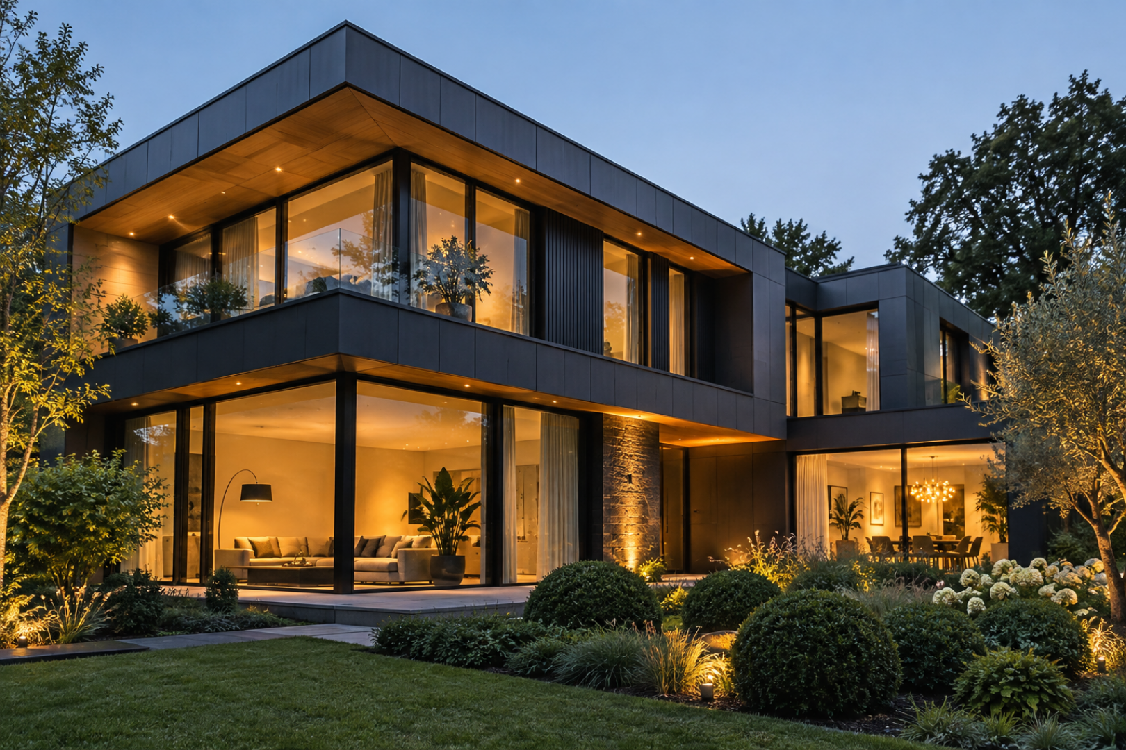 Moderne woning met donkere gevel en warme verlichting